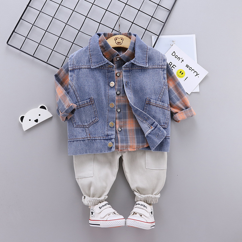 

2021 New Born Spring Boy Sets Plaid Shirt Denim Jacket Pants Three Put on Suit Suits for Baby Boys Clothes Set of 4aa1, Orange