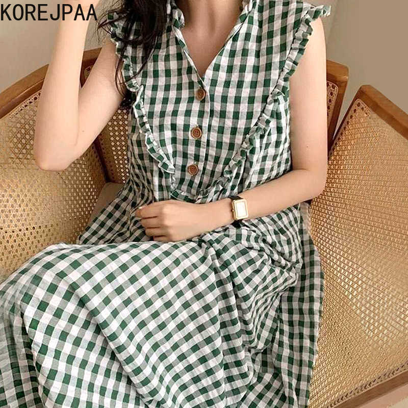 

Korejpaa Women Dress Chic Vintage Wood Earside Elegant V Collar Plaid Casual Loose Summer Sleeveless Dress Female 210526, Green