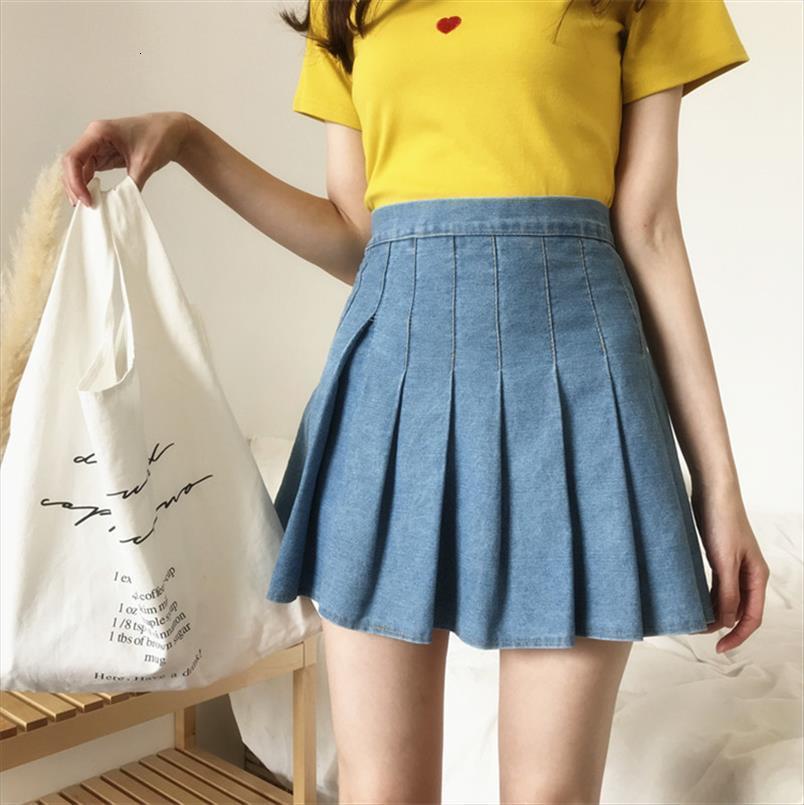 

girls denim high waisted womens skirt pleated skater tennis school uniform, Black
