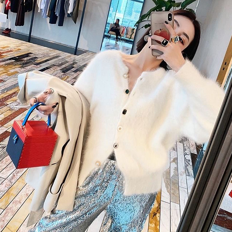 

2021 New Mink Faux Fur Coat Women Single Breasted Sweaters Cardigans Basic Midi Autumn Winter Elegant Knitted Cardigan Yqcm, Green