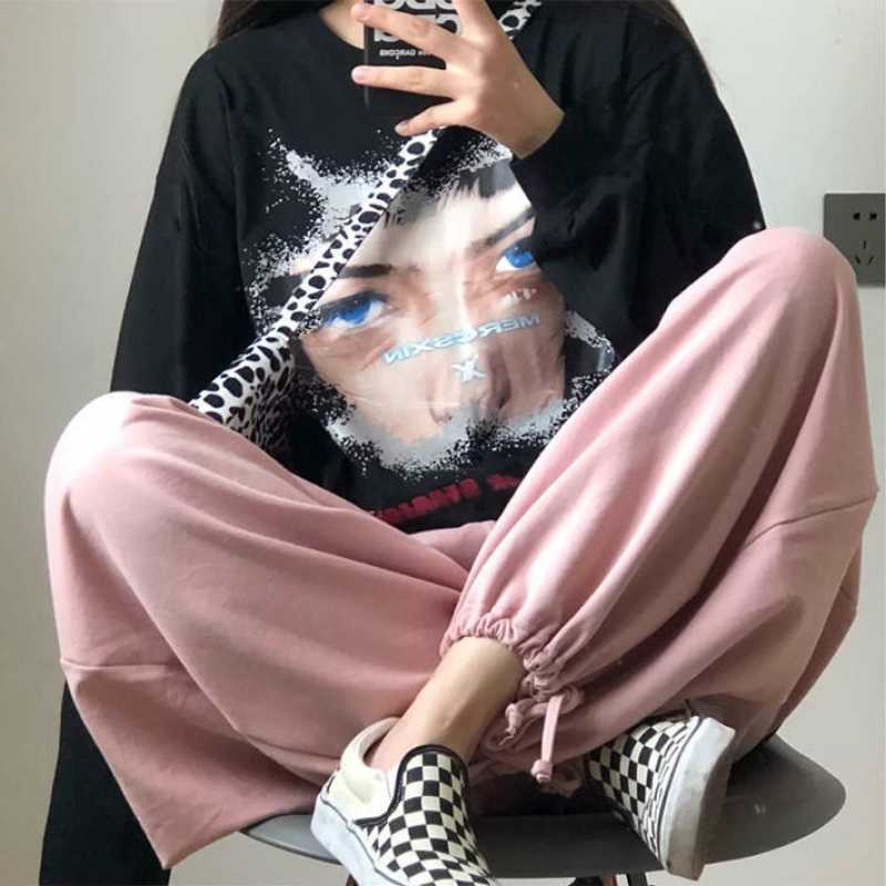 

streetwear hip-hop punk women's sweatshirt loose couple gothic tops big size long sleeve oversize Harajuku 210608, Black