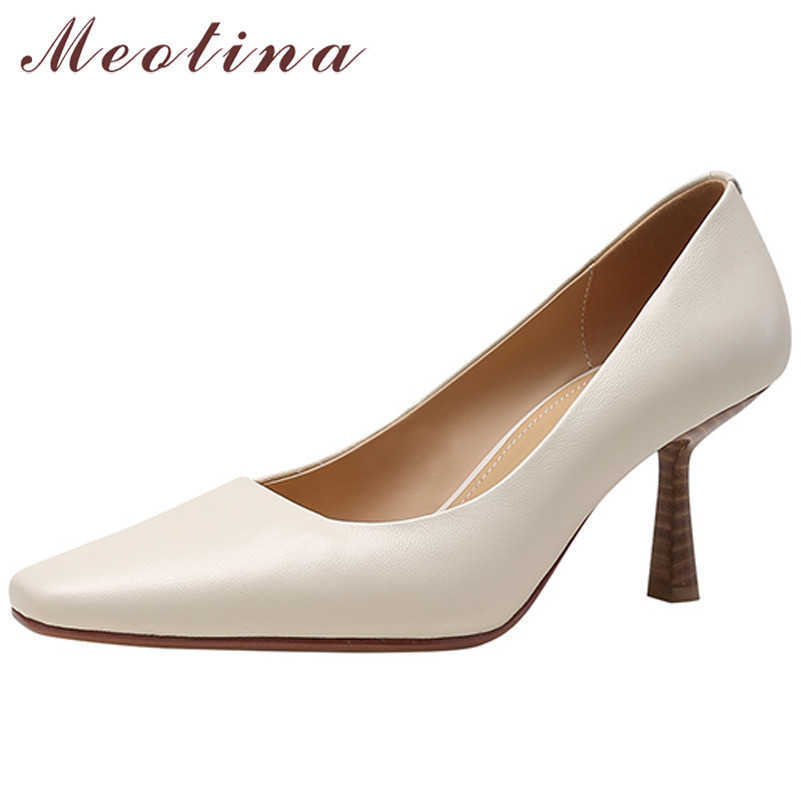 

Meotina Women Shoes Natural Genuine Leather High Heels Sheepskin Stiletto Heel Pumps Square Toe Office Ladies Footwear Apricot 210608