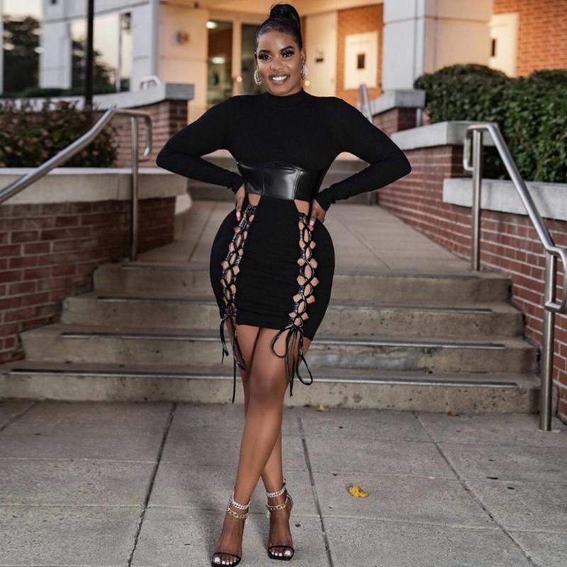 

Casual Dresses Spring Autumn Long Sleeve O-Neck Patchwork Bodycon Sheath Lace Up Hollow Out Dress Women Sexy Elegant Party Streetwear, Black