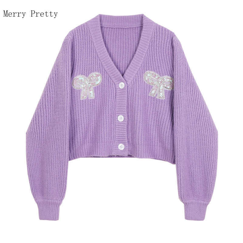 

Purple Bow Appliques Chic Single Breasted Knit Casual Women Cardigans Spring Long Sleeve V-neck Sweaters Female Jumpers Top 210526