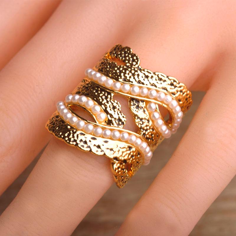 

Wedding Rings Imitation Pearl Big Wide Square Gold-color Unique Design Women Finger Ring Decoration Bague Jewelry Anel Feminino Uk