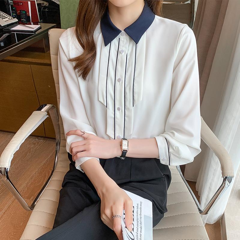 

Women's Blouses & Shirts Summer Shirt Long Sleeve Top Blouse Solid Color Splicing Girl Chiffon Casual Fashion Lady Loose, White
