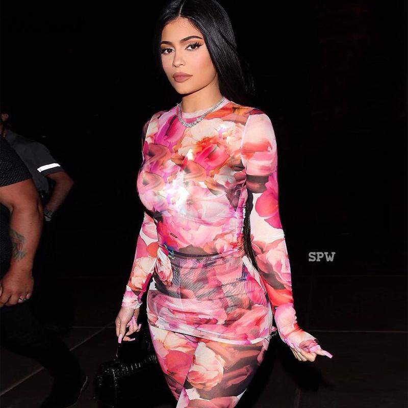 

Neon Floral Print Spliced Two Piece Set Women Long Sleeve See Pullover And Skinny Pants Sweat Suits 2 Piece Outfit, Green