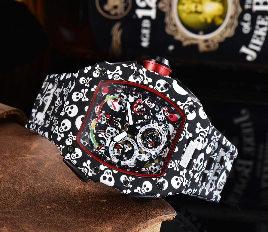 

Super luminous montre de luxe Fulll Functional Mens Watch High-quality Automatic engraving Skull Skeleton Designer Silicone strap Men Wristwatches, Slivery;brown
