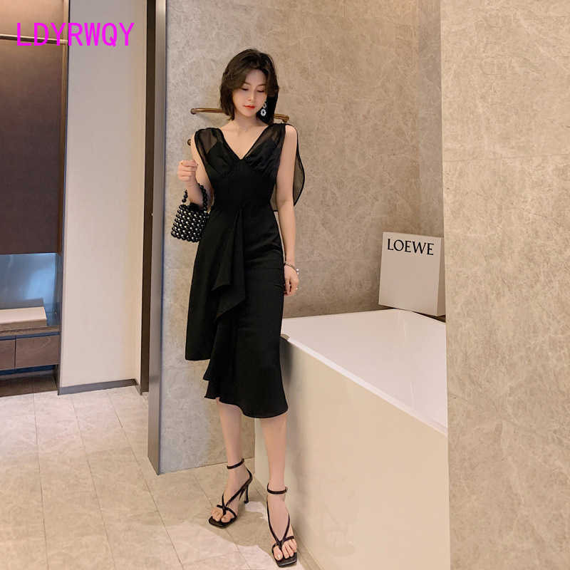 

summer women's ladies' temperament V-neck waist sleeveless chiffon dress Sleeveless Office Lady Polyester 210603, Black