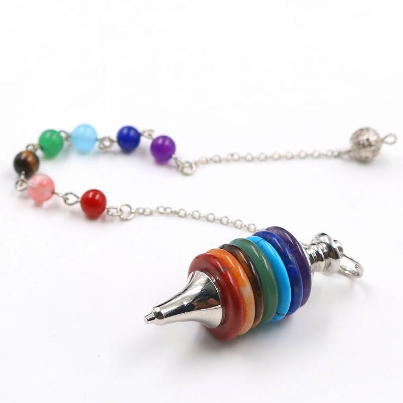 Pendant Necklaces FYJS Unique Jewelry Silver Plated Wheel Of Life Coloful Round Stones Pendulum For Dowsing Link Chain Necklace-image-706612172