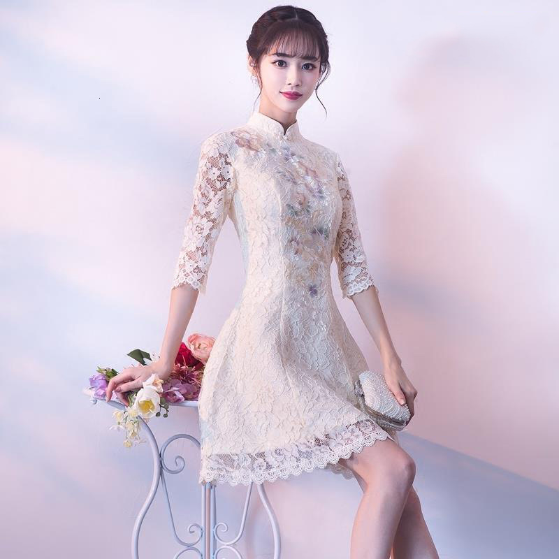 

Female Sweet Flower Chinese Formal Party Dress Exquisite Lace Cheongsam Elegant Banquet Gown A-line Dresses Yp6s, Beige-short