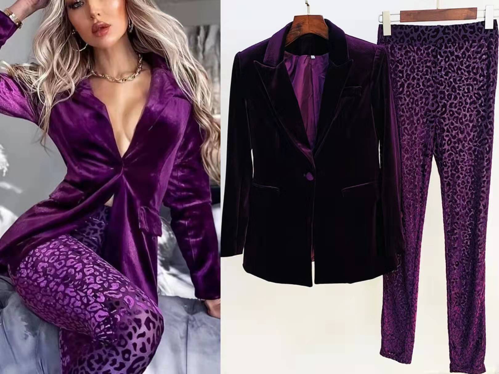 

High-quality Women's Two Piece Pants velvet blazer+leopard leggings, Purple