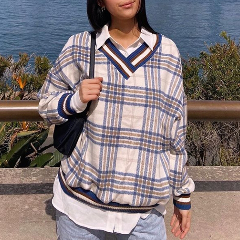 

2021 Plaid Vintage V-neck Sweatshirts Women Loose Oversized New Preppy Style Winter Tops Plus Size Fashion Girls Casual Streetwear Qj52, Pink