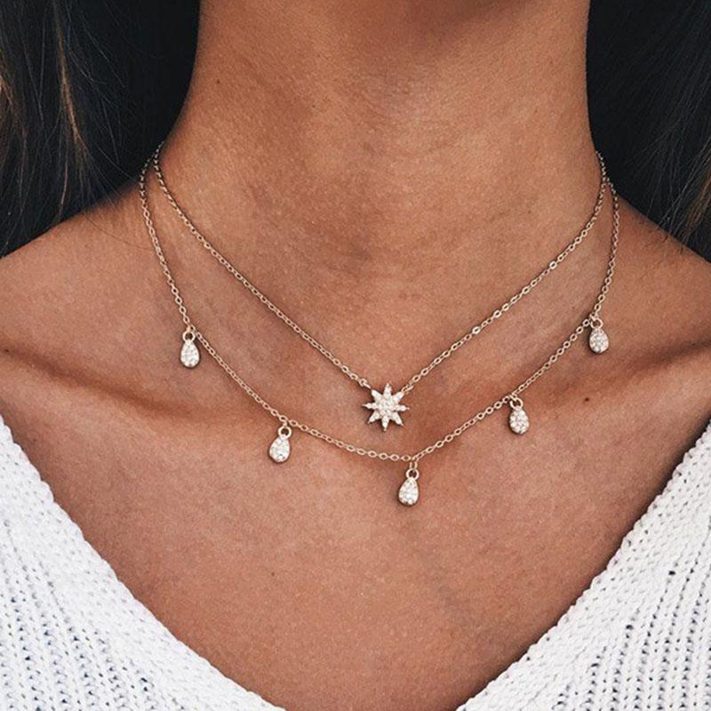 Pendant Necklaces Trendy Rhinestone Star Water Drop Necklace For Women Vintage Double Layer Geometric Clavicle Jewelry YN1294-image-708522929