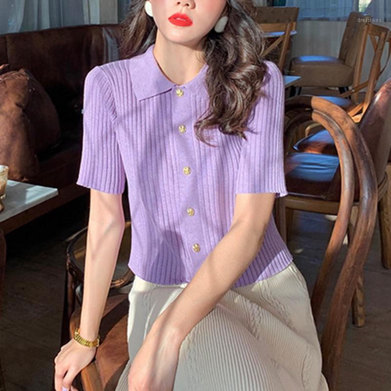 

Women's Sweaters 2021 Summer Short Sleeve Knitted T-Shirt Cardigan Basic Soft Female T Shirt Turn-down Collar Solid Casual Top CY-188, Purple