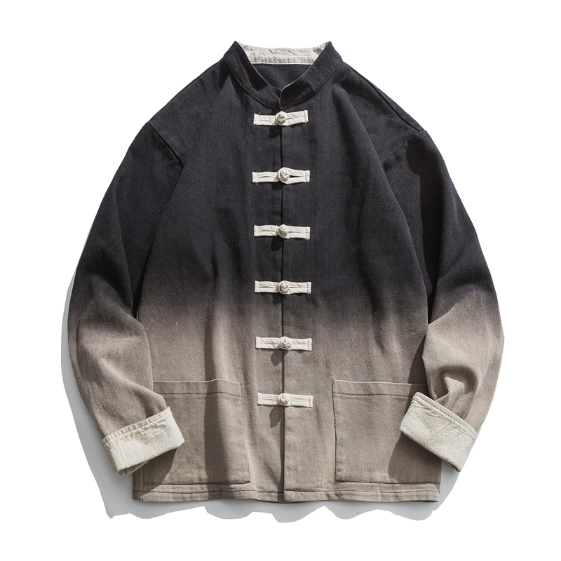 

2021 New Chinese Style Cotton Linen Men Coats Vintage Autumn Loose Stand Collar Button Spliced Color Hip Hop Male Retro Jackets Fashion Mohv, Green
