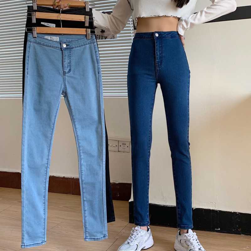 

Women's Jeans High Waist Stretch Skinny Denim Pants Spring Retro Solid Color Slim Pencil Trousers 210526, Photo color