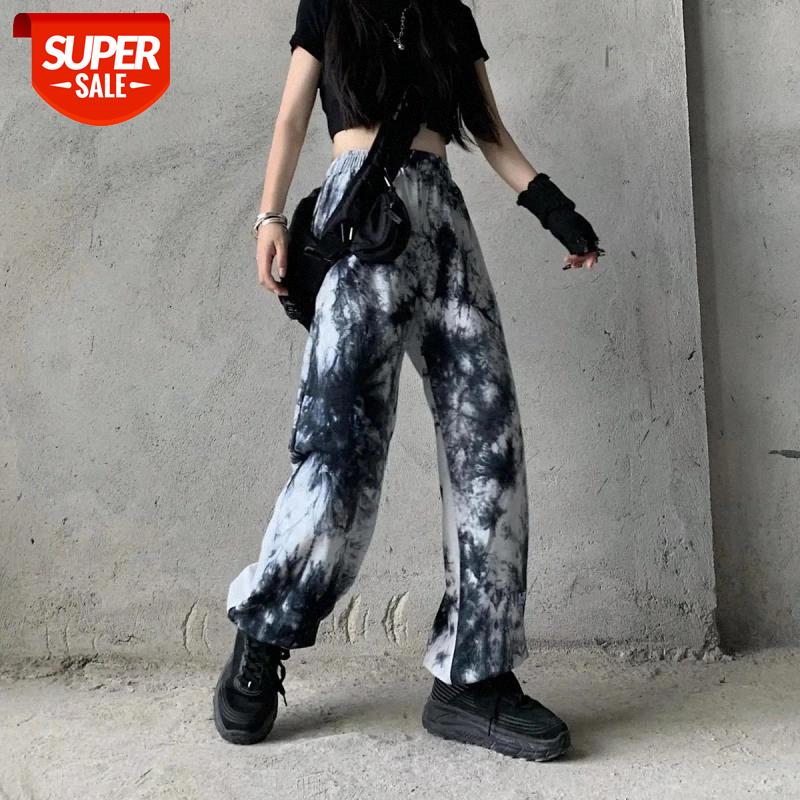 

sporty trousers men women tie dye bottom wide-leg letter embroidery Harajuku streetwear style cotton tie-dye loose casual pants #li3B, Black;white