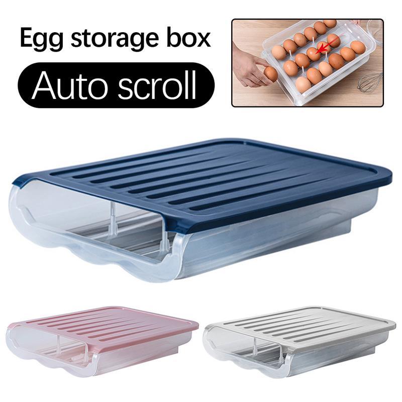 

Egg Storage Box Single Layer with Lid Auto Roll Plastic Transparent Egg Case Large Capacity Refrigerator Preservation Box