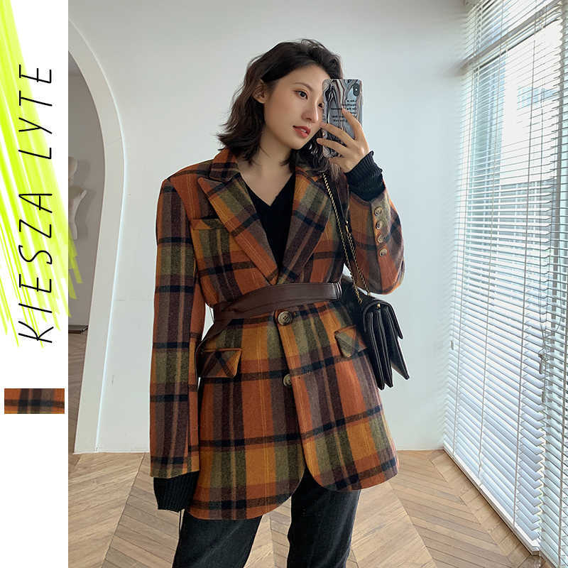 

Winter Women Woolen Plaid Blazer Retro Vintage Brown Color Checked Slim With Belt Ladies Tweed Jacket Female Wool Coat 210608, Brown check
