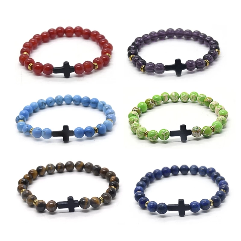

Stone Beaded Bracelet Cross Strand Elastic Bangles For Men Women