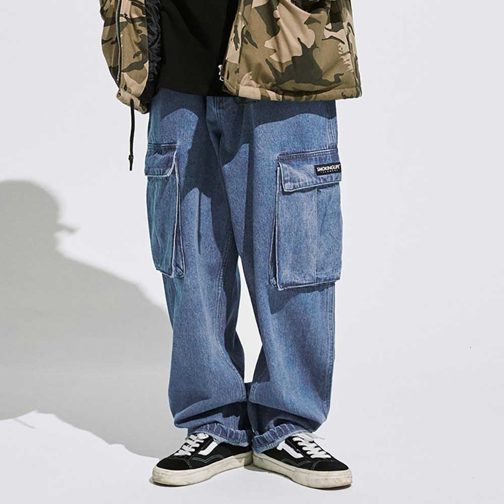 

2021 New Loose Baggy Harem Breech of Casual Men Denim Wide-legged Breeches Straight Cargo Hiphop Pants Brim Clothes Hcui, Blue