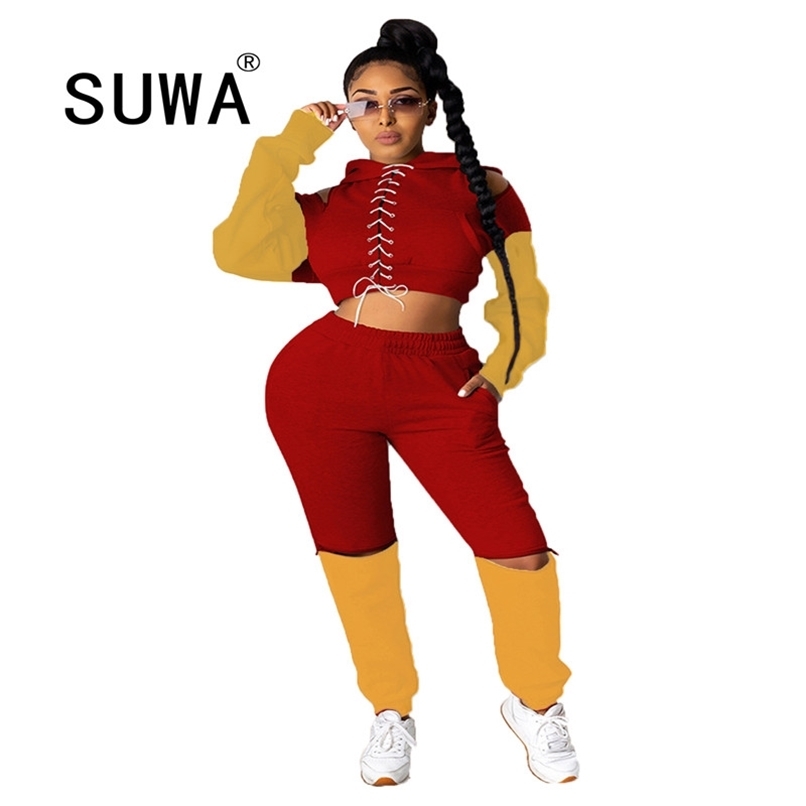 

Jogger Women Set Wholesale Clothes Bandage Long Sleeve Coats Jacket Baggy Pants Sweatpants Track Suit Cool Girl Streetwear 210525, Red