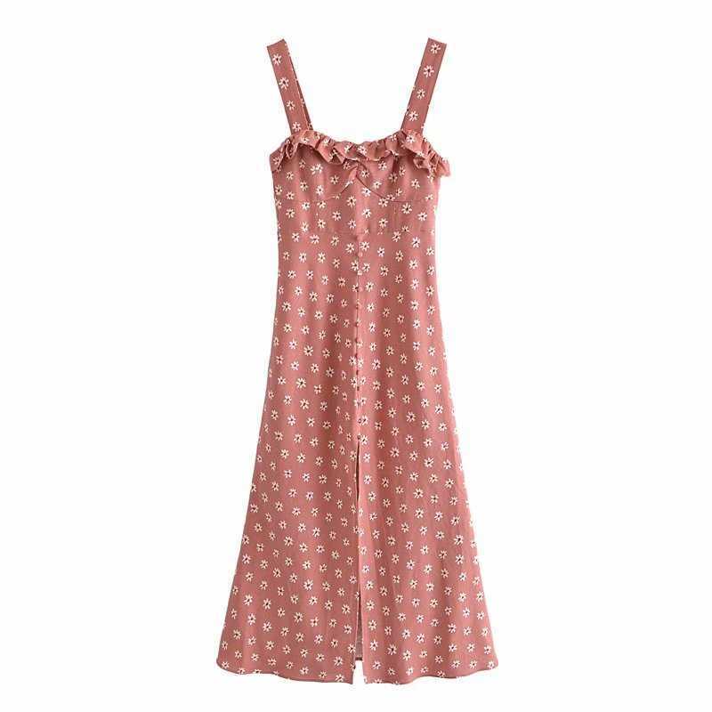 

Women Floral Printed Dress Neck with Ruffled Trims Elastic Bust Elegant Thin Straps Buttoned Side Zipper Midi Dresses Woman 210709