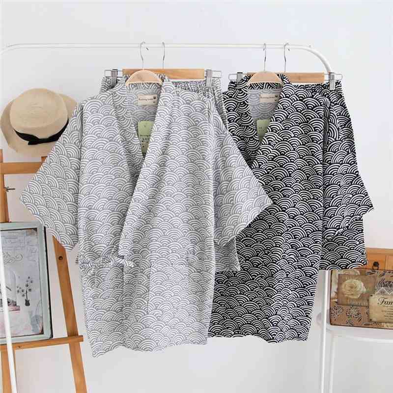 

100% Cotton Gauze Short Sleeve Shorts Pajamas For Women Pijama Mujer Japanese Kimono Couple Pyjamas V-neck Home Men Pajama Set, Black;red