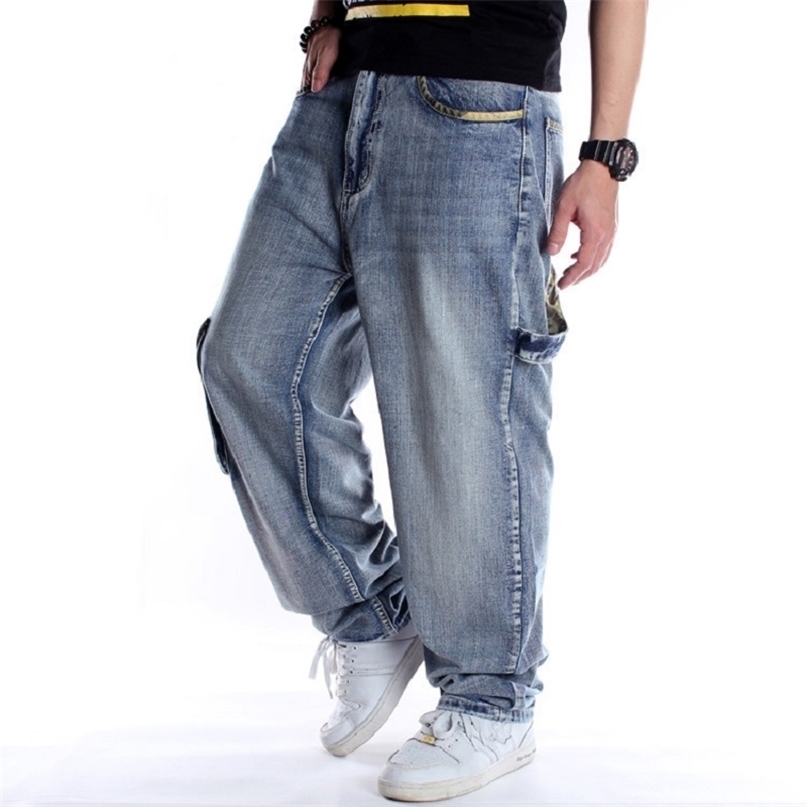 

Hip Hop Jeans Men Side Pockets Denim Overalls Pants Harem 's Big Size 44 Baggy Loose Fit Male 211108, Blue