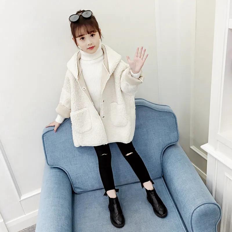 

Jackets 4-15 Years Children Autumn Lambswool For Girls Solid Hooded Loose Coat Teenage Zipper Jacket Children's Clothing 8, Blue;gray