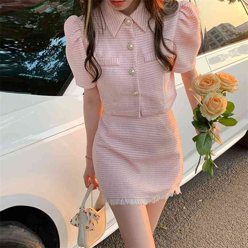 

Sweet Pink Tweed 2 Piece set Women Summer Fall Puff Sleeve Crop Tops Coat + High waist Tassel Mini Skirt Suits Plus Size S-3XL 210602