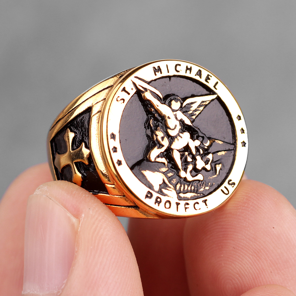 

Stainless Steel Men Rings St.Michael Protect Us Religion Catholic Punk Rock for Biker Boy Male Jewelry Creativity Gift Wholesale, Golden;silver