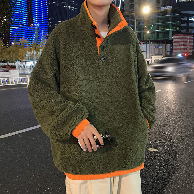 

2021 New Winter Thick Lamb Wool Hoodie Men's Warmth Fashion Retro Stand-up Collar Sweatshirt Men Streetwear Loose Korean Pullover Hoodies 84, Army green