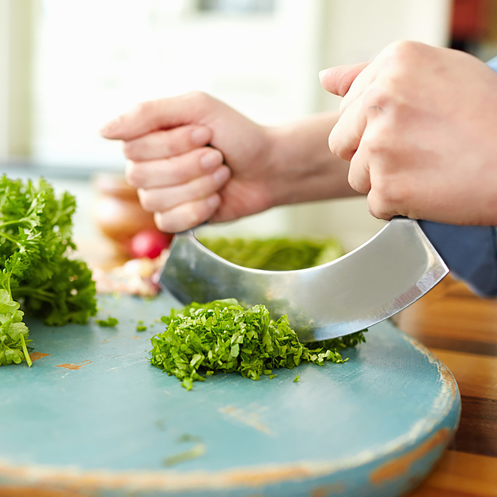 

8.5 inch Stainess Stee Mezzauna Knife Herb Chopper Pizza Cutter Fruit Vegetabe Saad Sicer Dicer Herb Mincer Kitchen Knife
