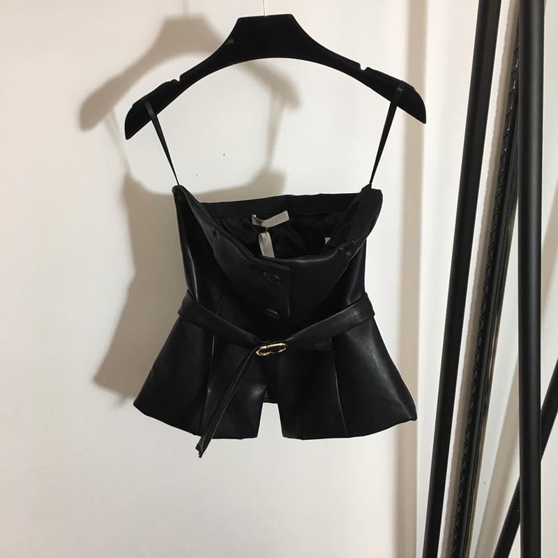 

Fashion PU Leather Women Tanks 2 Colors Sexy Strap Designer Camis Night Club Personality Charm Girls Top, Black
