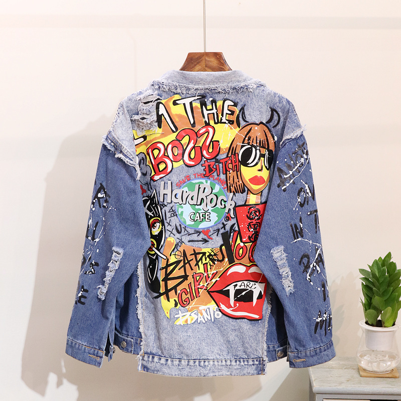 

Women's Denim Jacket Fashion Graffiti print Long sleeve Designs Loose Jean Coat Female Casual Jaqueta Feminina Ladies Outerwear, Black;brown