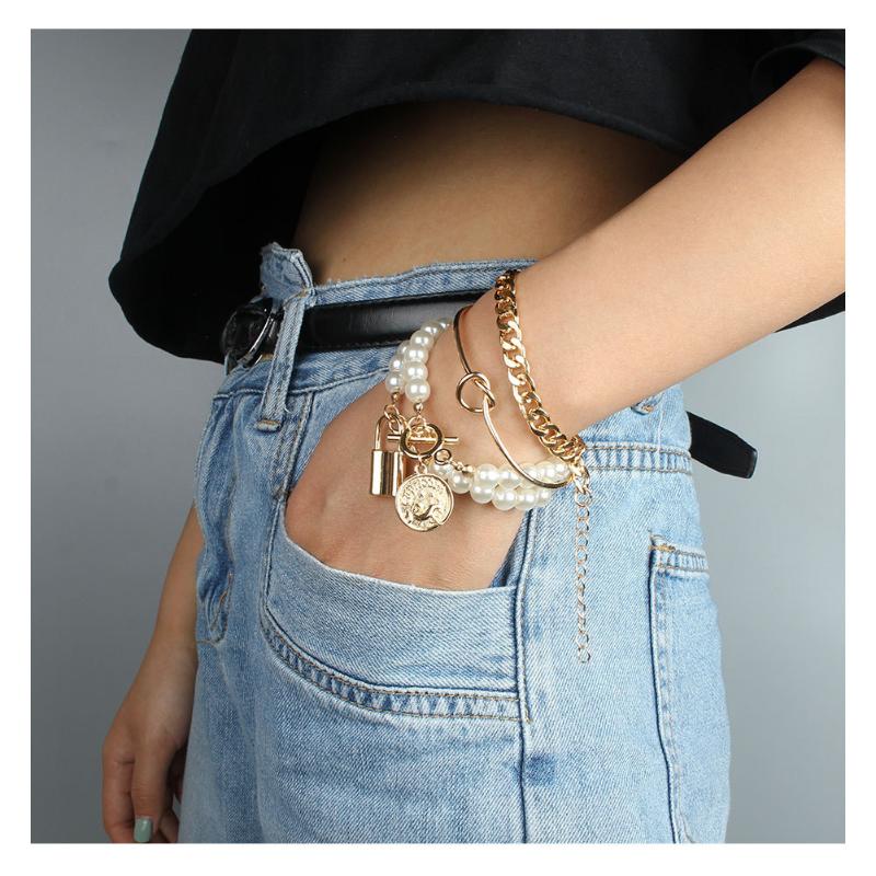

Link, Chain HaHaGirl Fashion Gold Color Pearl Bracelet Set For Women Retro Metal Lock Bangles 2021 Trendy Jewelry Accessories