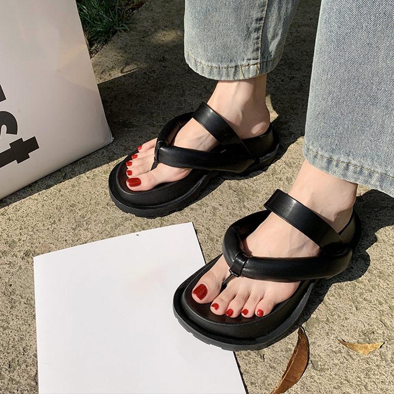 

Sandals Women Thick Sole Non-slip Back Strap Flip Flops For Ladies Outdoor Pu Solid Beach Summer Female Slippers, Black