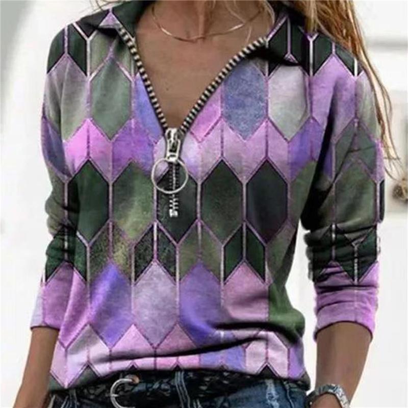 

Women' Blouses & Shirts 2021 Women Casual Long Sleeve Pullover Shirt Geometric Print Zipper Front Lapel Collar Ladies Blouse, Green