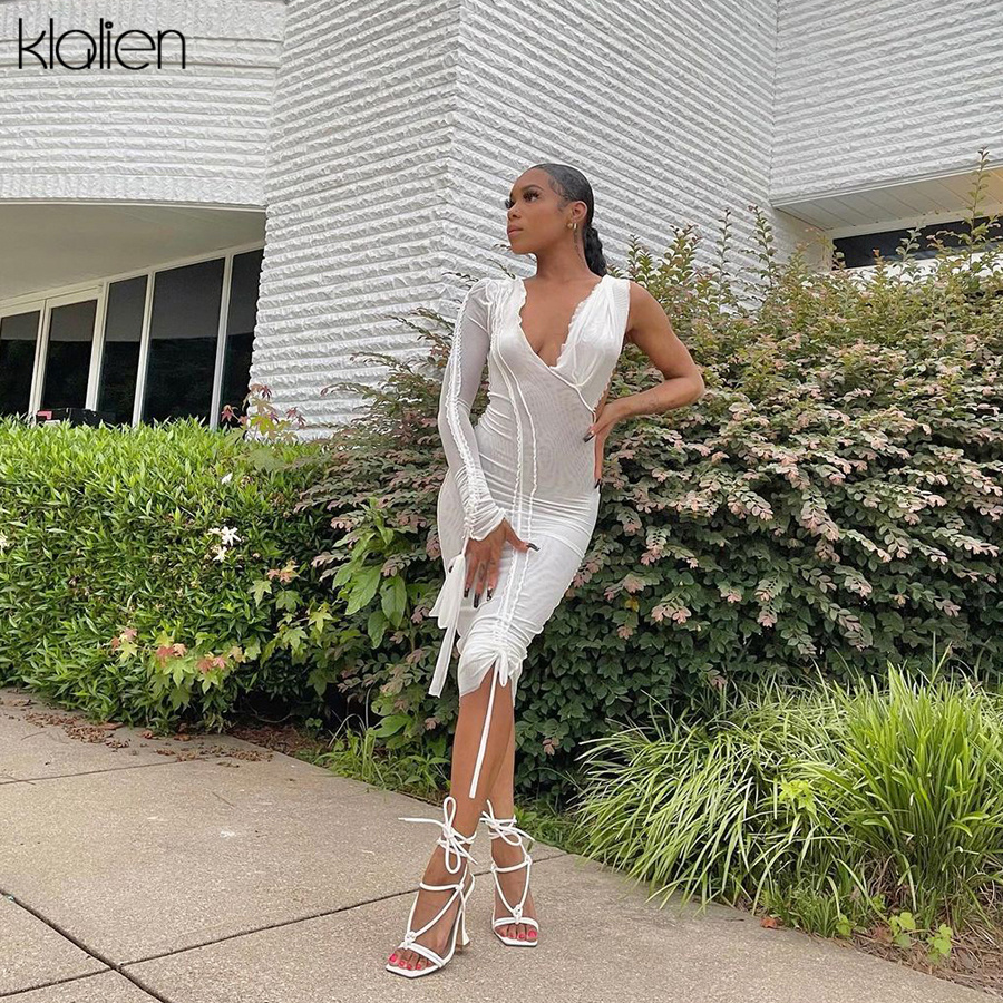 

fashion mesh see through slim stretch one should dstring bodycon dress y2k for women autumn new wild streetwear, Black;gray