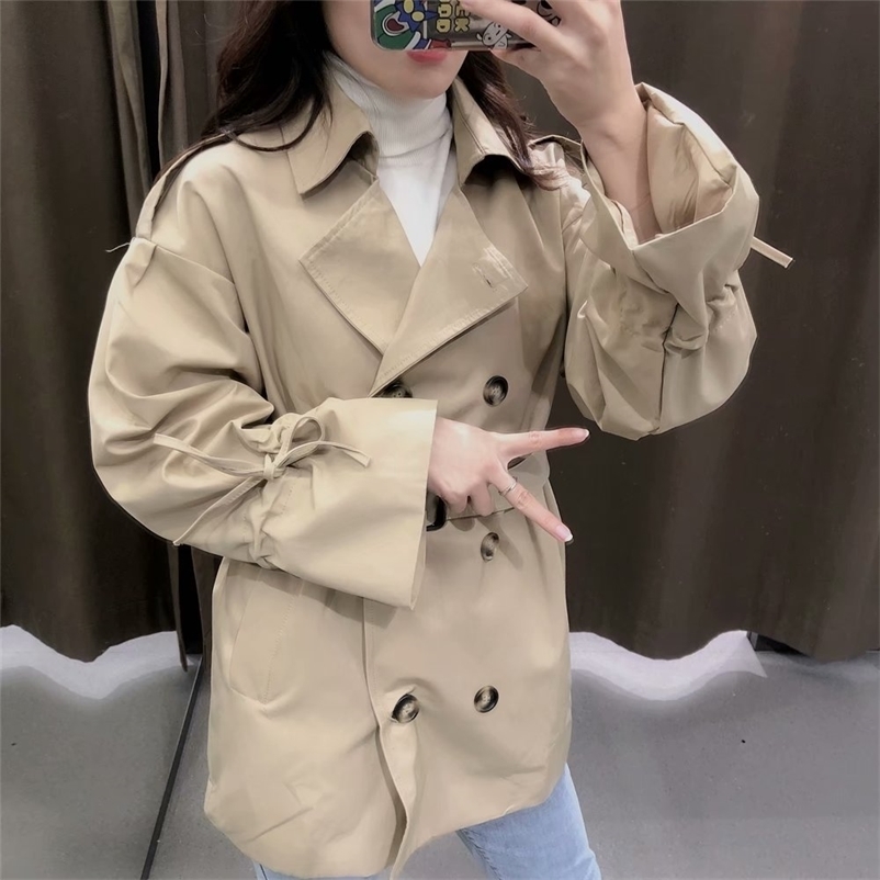 

Spring Turn-down Collar Slim Solid Double Breasted Button Sashes Pleated Casual Women Trench 210524, Khaki