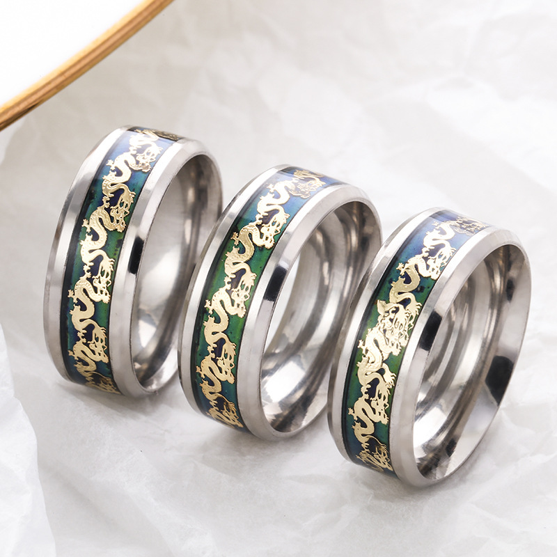 

3PCS New stainless steel mood ring jewelry ELECTROcardiogram dragon pattern luminous ring size 6 to 11, Silver
