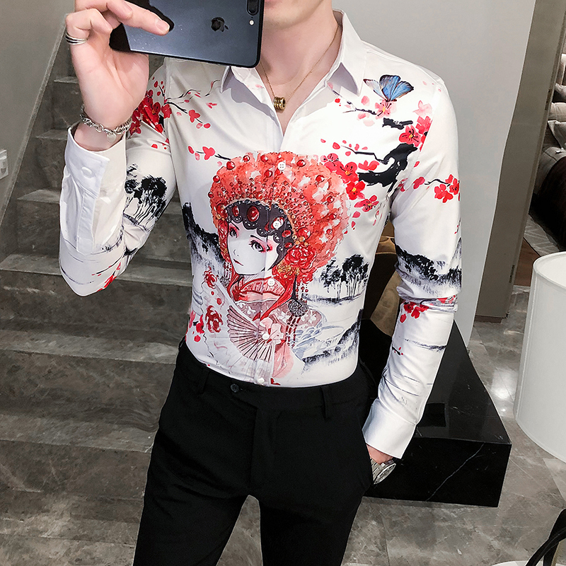 

2021 High Quality Digital Male Shirt Fashion Clothes New Fall Long Men's Casual Shirts All Game Night Club Tuxedo R20o, White