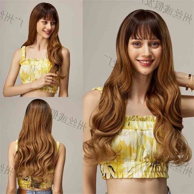 

female Qi bangs Wig brown long curly hair rose net wig chemical fiber headgear, Medium brown