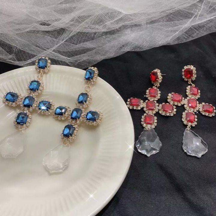 

Dangle & Chandelier Blue Zircon Vintage Baroque Luxury Court Dress Party Earrings For Women Retro Cross Long Ear Jewelry