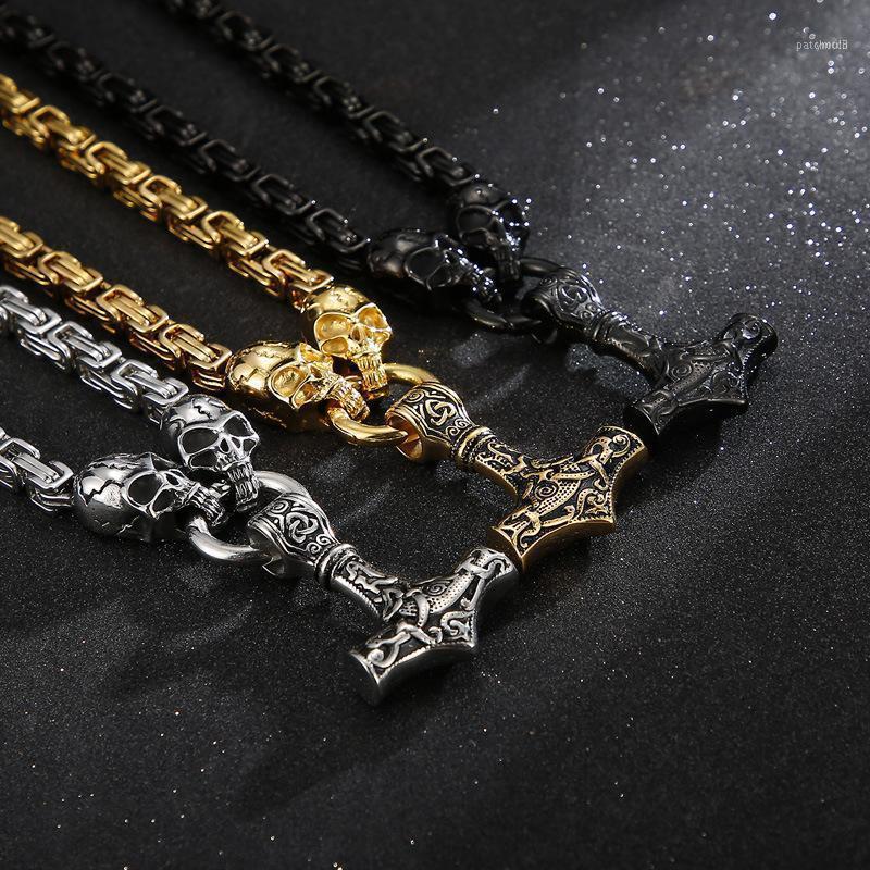 

Retro Men Stainless Steel Byzantine Chain Viking Skull Necklace Rope Hammer Nordic Amulet Ethnic Jewelry Pendant1