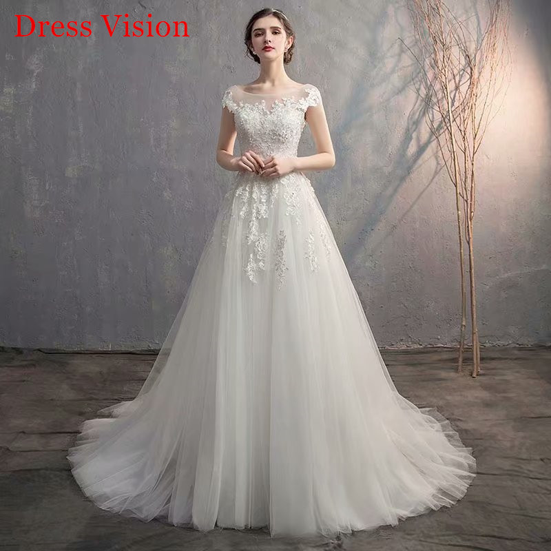 

2021 Vestido Noiva Scoop Collar Cap Sleeves Wedding Soiree Bride to Be Lace-up Robe De Marie V4ap, Same as image