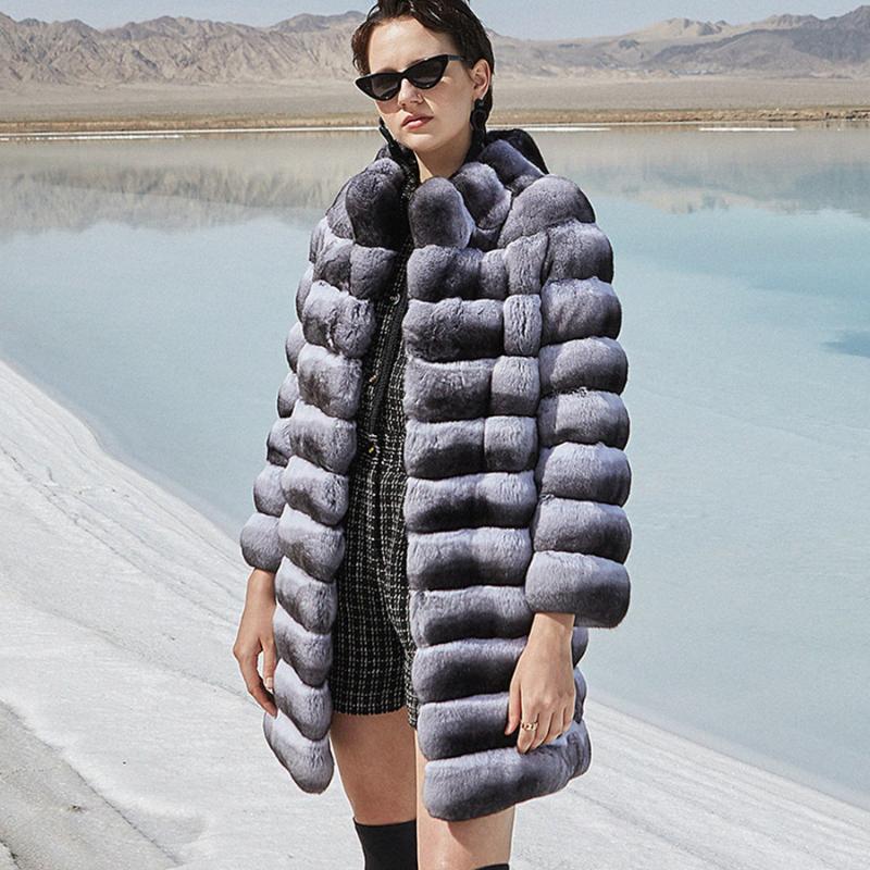 

Women's Fur & Faux 2021 Style Mid-length Coat Winter Classic Fashion Rex Jacket Chinchilla Color High Quality