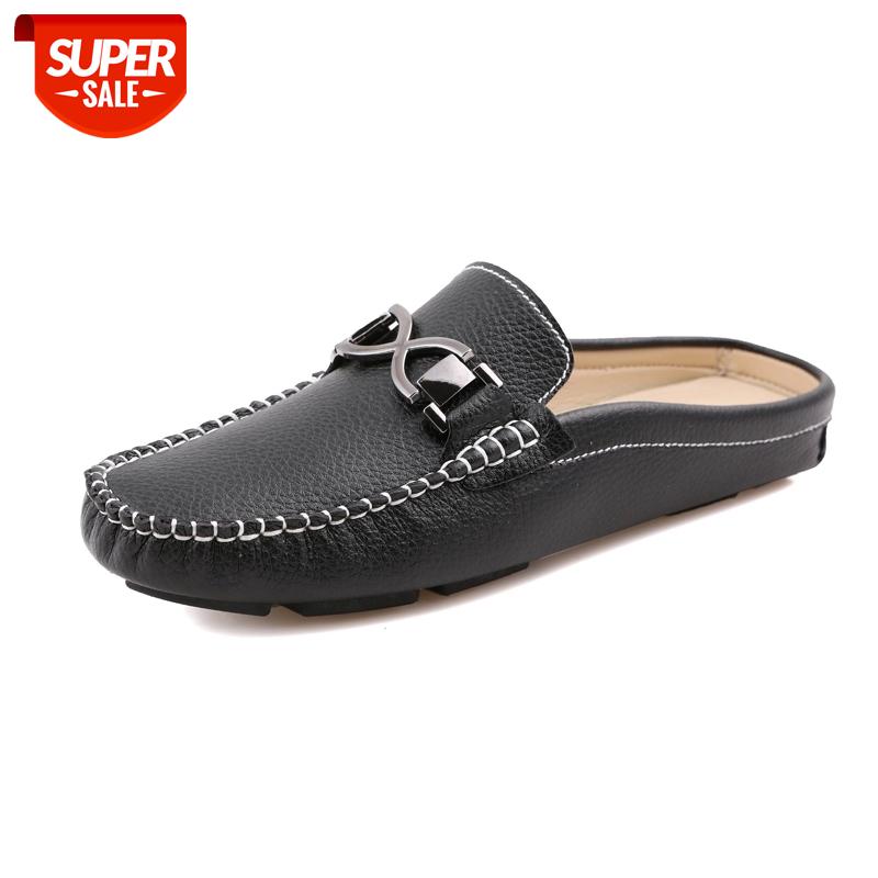

Men Half Slippers Summer Slip On Comfortable Outside Men's Slipper Shoes Leather Handmade Sewing Casual Driving Shoes #be1j, Black